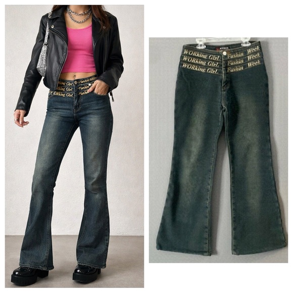 Etozs Denim - Y2K Embroidered Waist Flare Jeans Sz 28 McBling Indie Sleaze Festival Denim